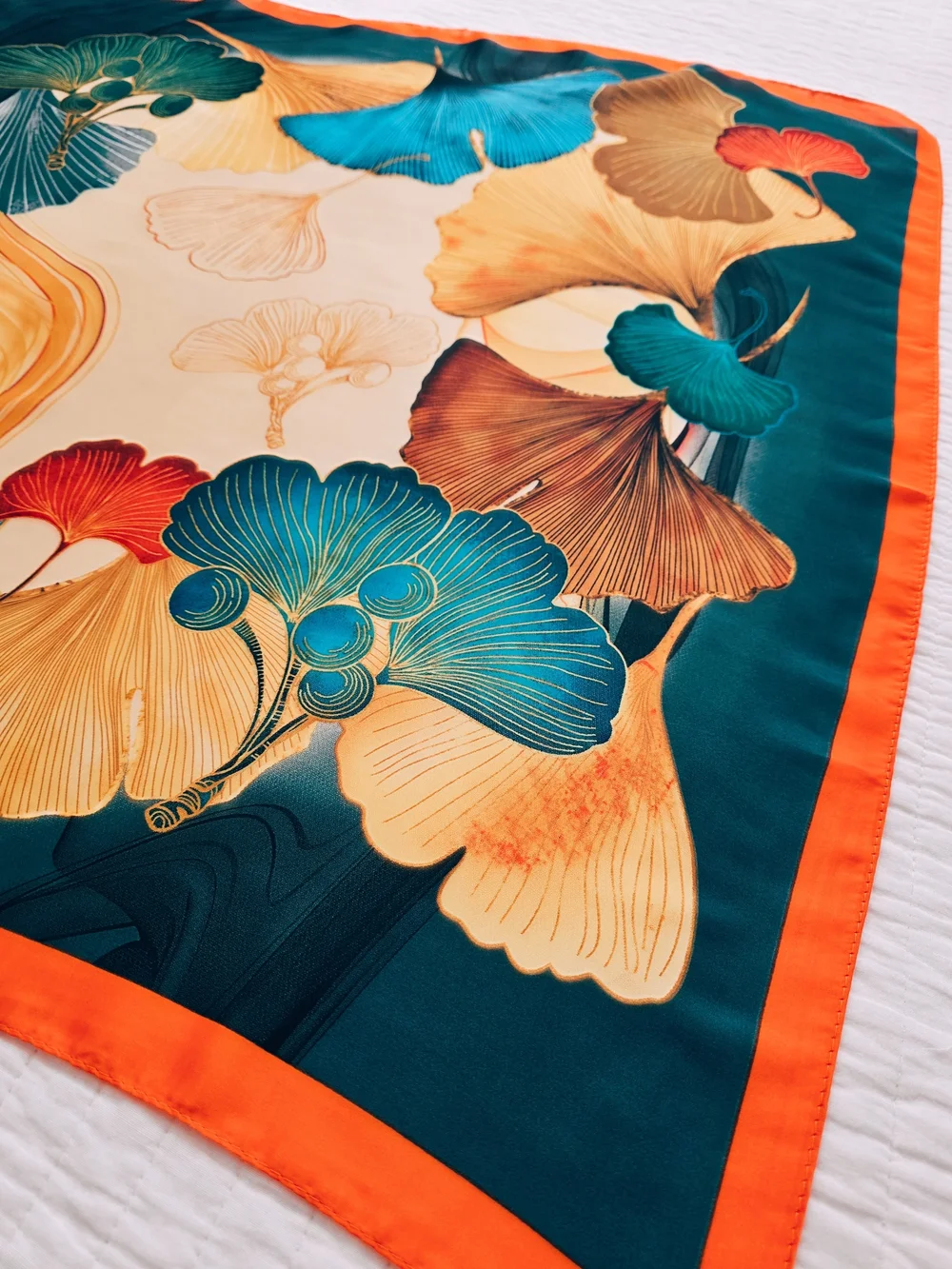 Botanical Print Neck Scarf in Teal and Orange